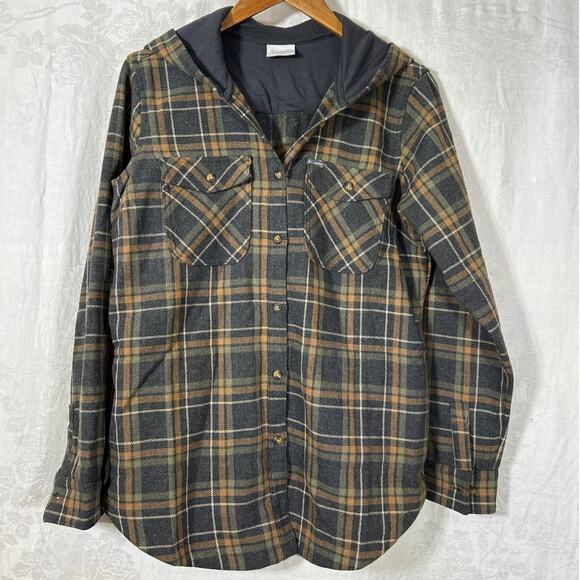 Columbia Shacket Large Gray Plaid Wool Blend Hood Pockets Shirt Jacket - Picture 1 of 12